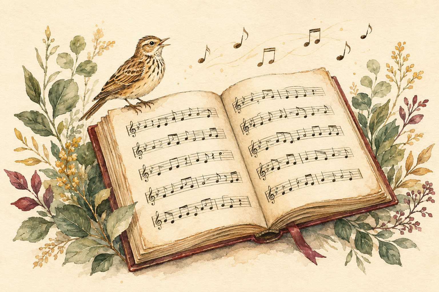 An illustrated open songbook with birds, leaves, and music